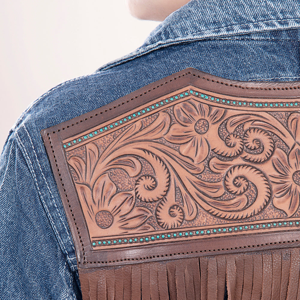 ADJKT004 Genuine leather Hand tooled hand carved Women 100% cotton Denim jacket dress ladies girl