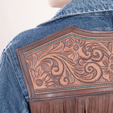 ADJKT004 Genuine leather Hand tooled hand carved Women 100% cotton Denim jacket dress ladies girl
