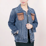 ADJKT004 Genuine leather Hand tooled hand carved Women 100% cotton Denim jacket dress ladies girl