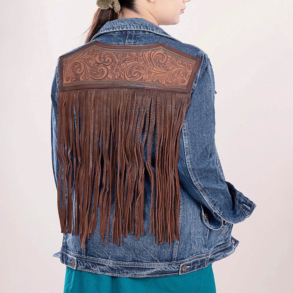 ADJKT004 Genuine leather Hand tooled hand carved Women 100% cotton Denim jacket dress ladies girl