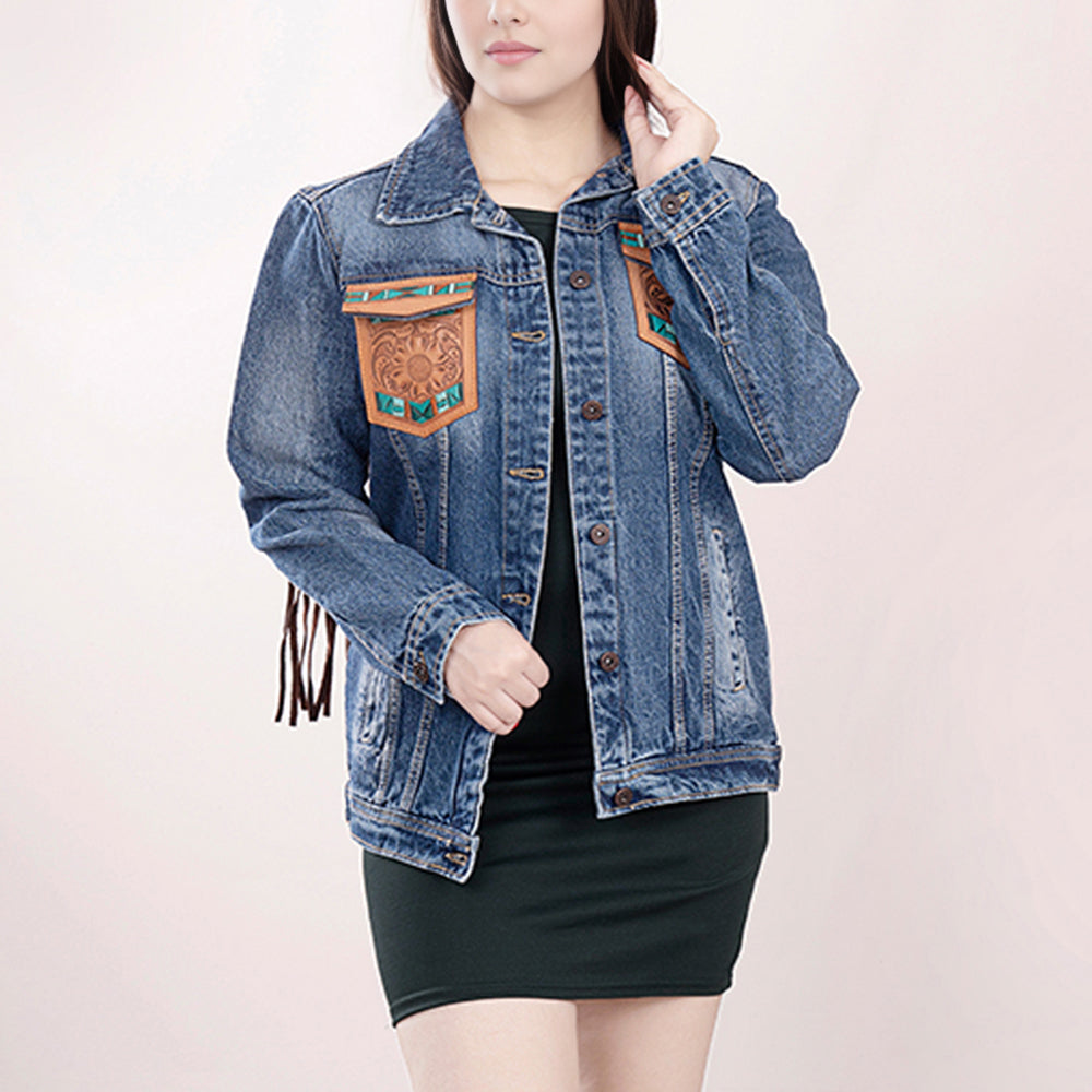 ADJKT006 Genuine leather Hand tooled hand carved Women 100% cotton Denim jacket dress ladies girl