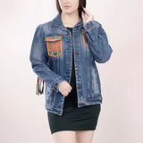 ADJKT006 Genuine leather Hand tooled hand carved Women 100% cotton Denim jacket dress ladies girl