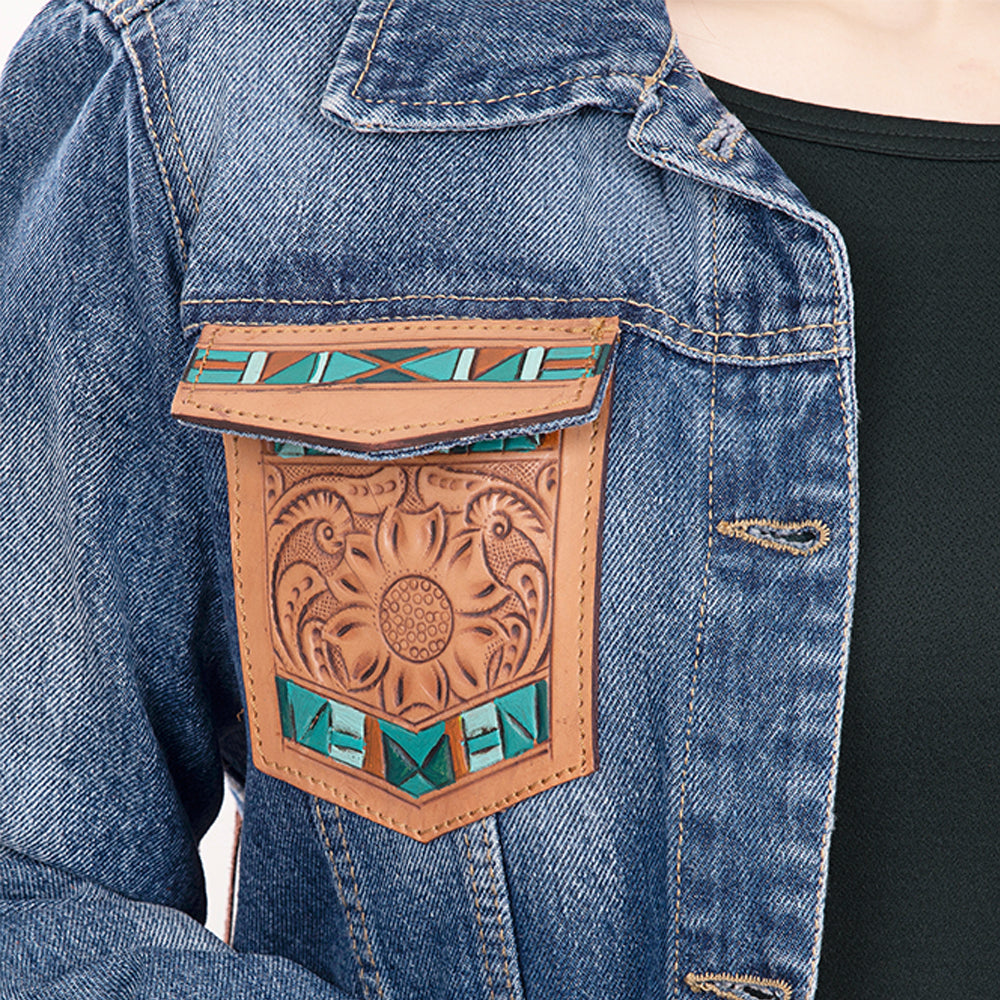 ADJKT006 Genuine leather Hand tooled hand carved Women 100% cotton Denim jacket dress ladies girl