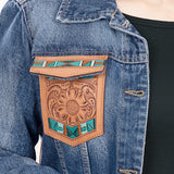 ADJKT006 Genuine leather Hand tooled hand carved Women 100% cotton Denim jacket dress ladies girl