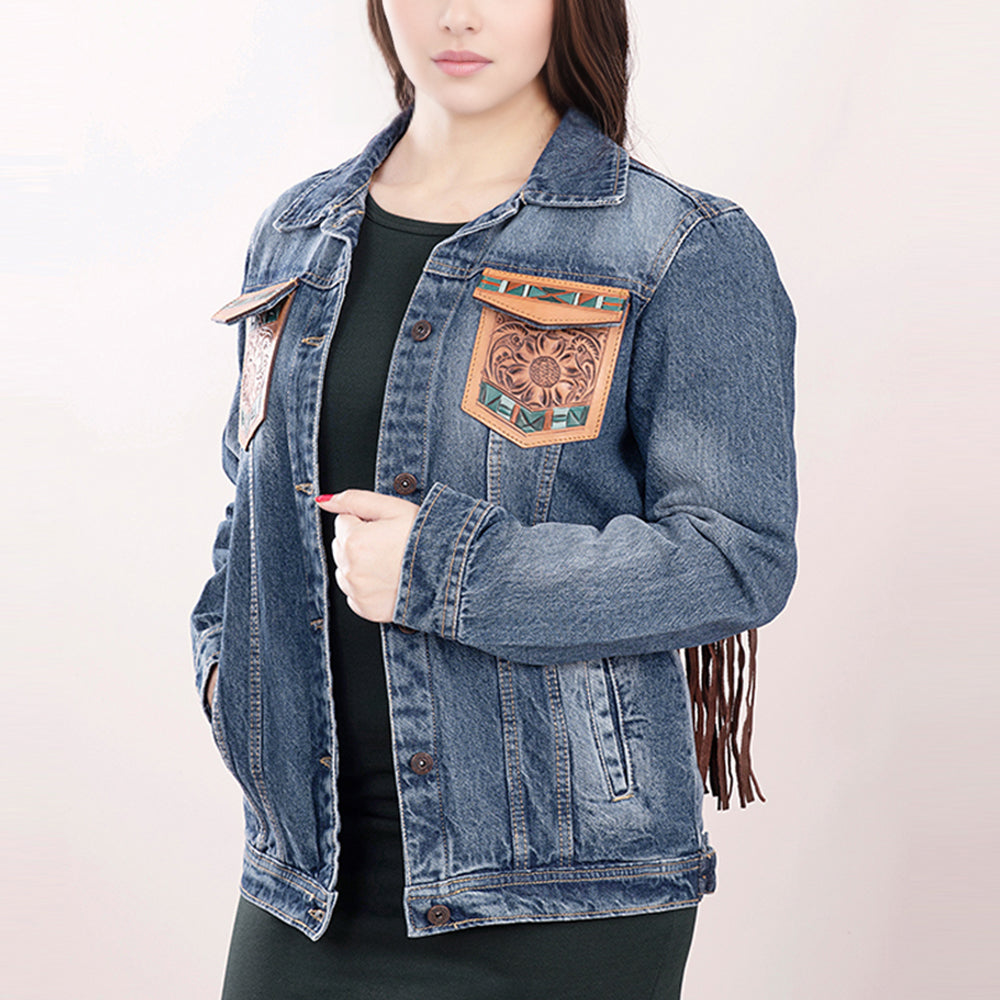 ADJKT006 Genuine leather Hand tooled hand carved Women 100% cotton Denim jacket dress ladies girl