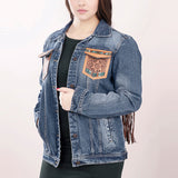 ADJKT006 Genuine leather Hand tooled hand carved Women 100% cotton Denim jacket dress ladies girl