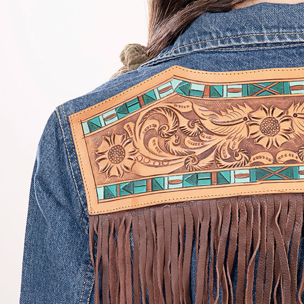 ADJKT006 Genuine leather Hand tooled hand carved Women 100% cotton Denim jacket dress ladies girl