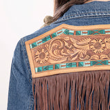 ADJKT006 Genuine leather Hand tooled hand carved Women 100% cotton Denim jacket dress ladies girl