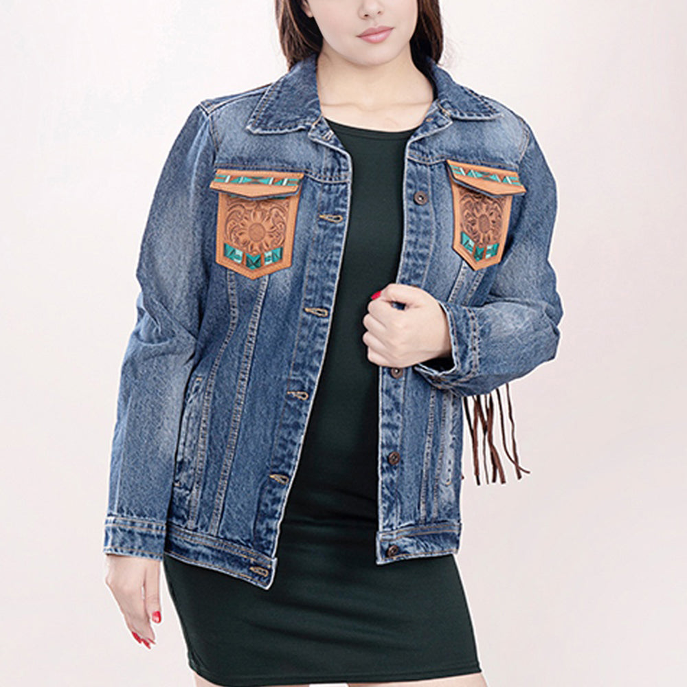 ADJKT006 Genuine leather Hand tooled hand carved Women 100% cotton Denim jacket dress ladies girl