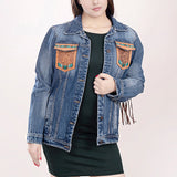 ADJKT006 Genuine leather Hand tooled hand carved Women 100% cotton Denim jacket dress ladies girl
