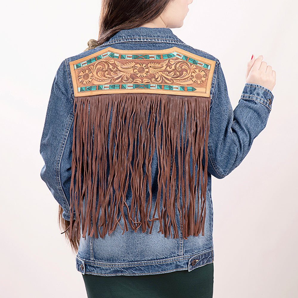 ADJKT006 Genuine leather Hand tooled hand carved Women 100% cotton Denim jacket dress ladies girl