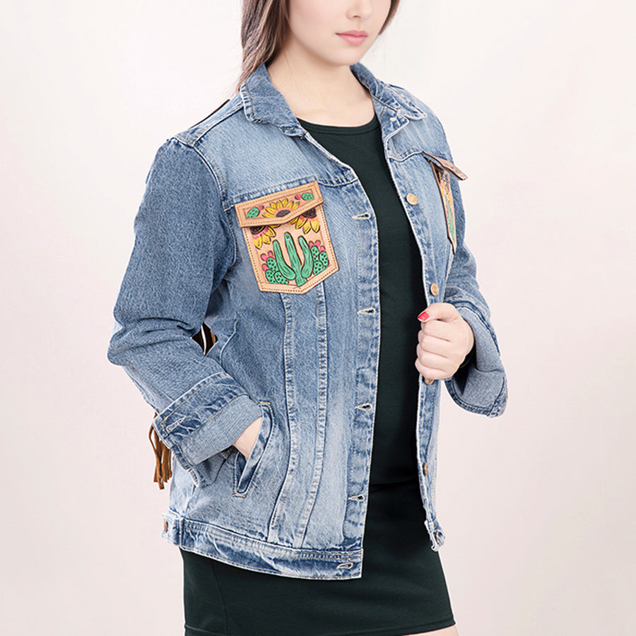 American Darling Genuine leather Hand tooled carved Women 100% cotton Denim jacket dress ladies girl | Shirt for