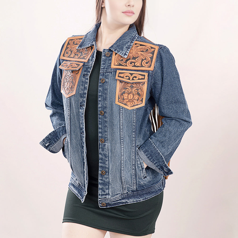 ADJKT008 Genuine leather Hand tooled hand carved Women 100% cotton Denim jacket dress ladies girl