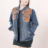 ADJKT008 Genuine leather Hand tooled hand carved Women 100% cotton Denim jacket dress ladies girl