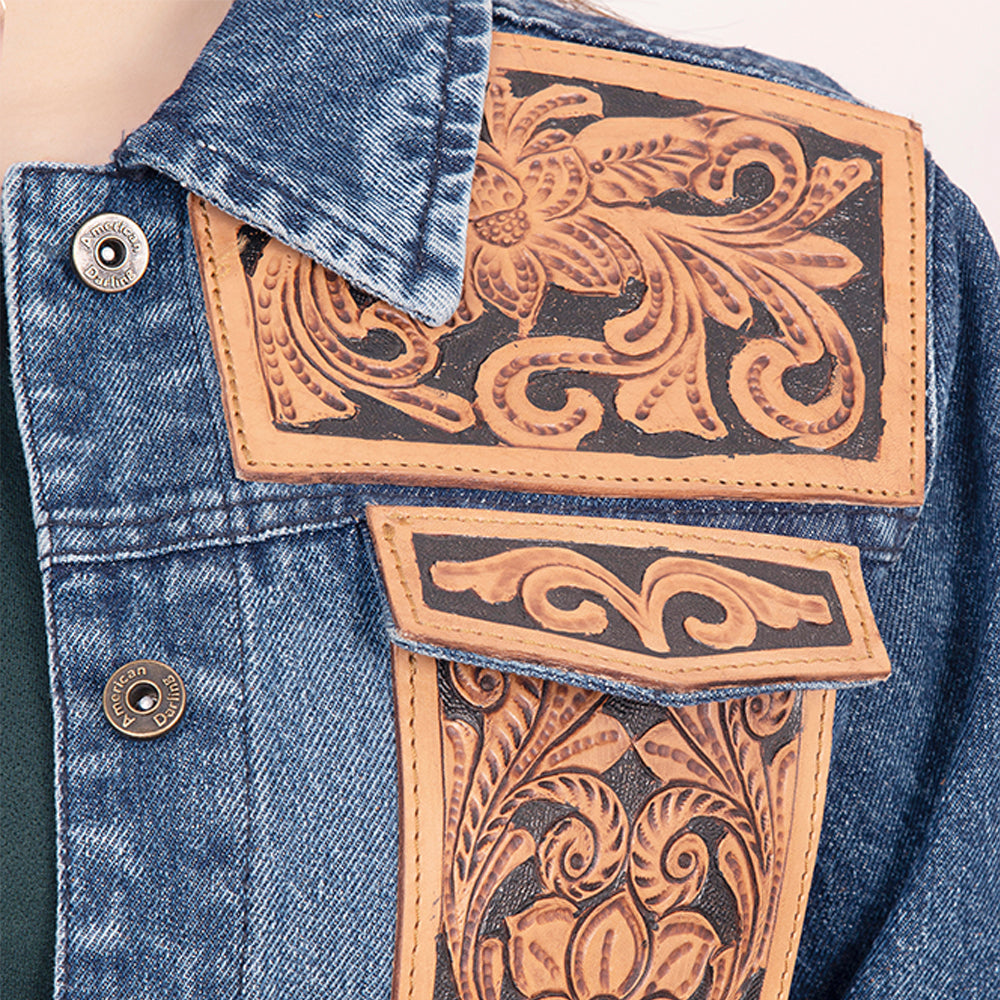 ADJKT008 Genuine leather Hand tooled hand carved Women 100% cotton Denim jacket dress ladies girl
