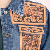 ADJKT008 Genuine leather Hand tooled hand carved Women 100% cotton Denim jacket dress ladies girl