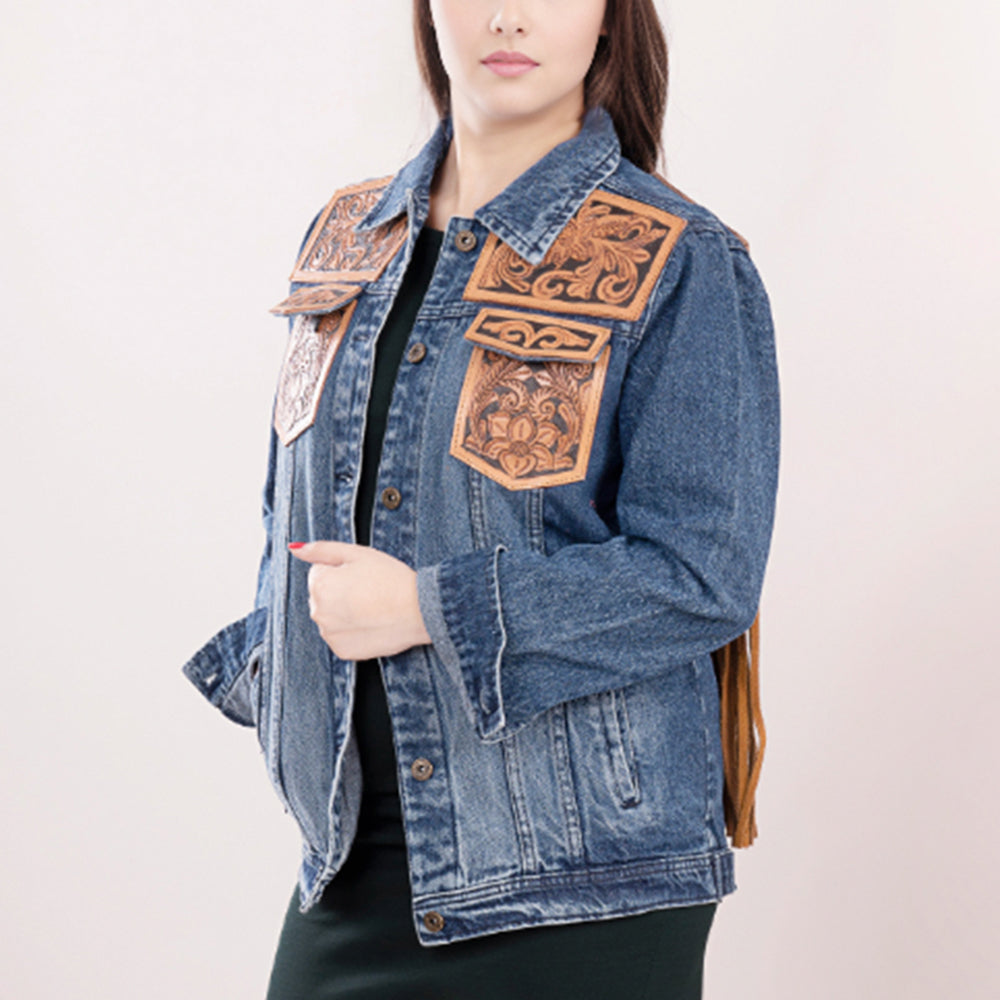 ADJKT008 Genuine leather Hand tooled hand carved Women 100% cotton Denim jacket dress ladies girl