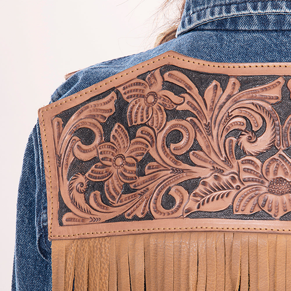ADJKT008 Genuine leather Hand tooled hand carved Women 100% cotton Denim jacket dress ladies girl