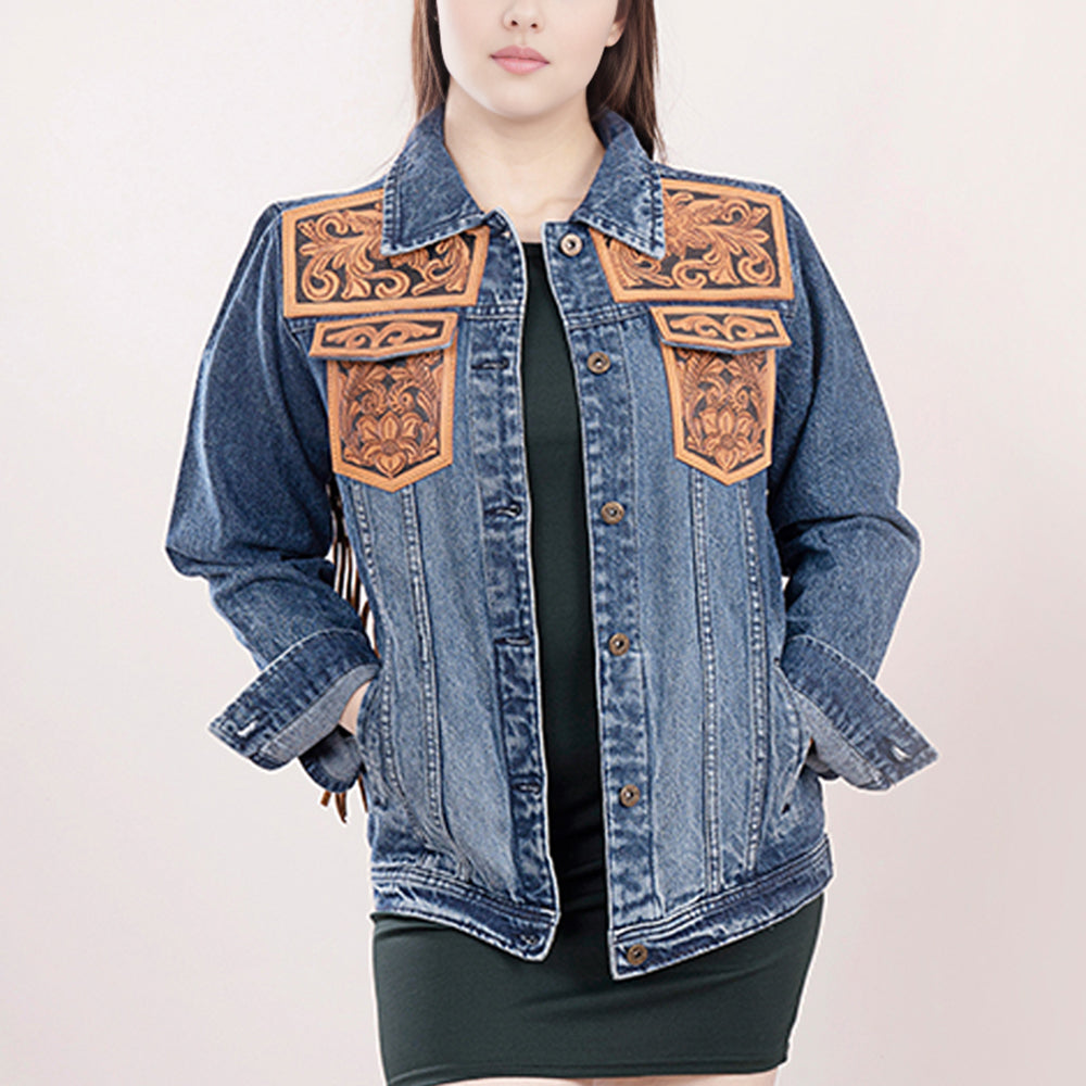 ADJKT008 Genuine leather Hand tooled hand carved Women 100% cotton Denim jacket dress ladies girl