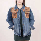 ADJKT008 Genuine leather Hand tooled hand carved Women 100% cotton Denim jacket dress ladies girl