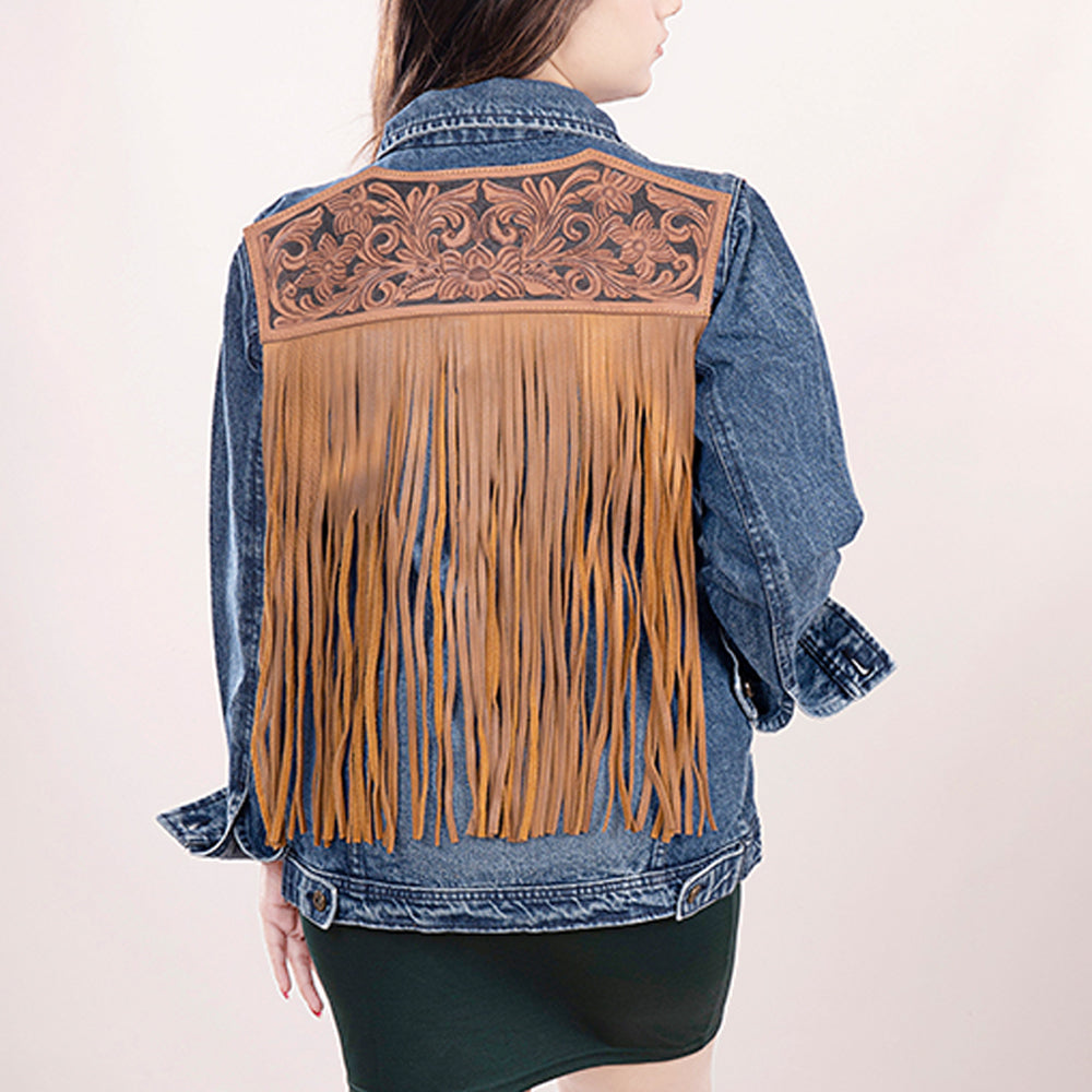 ADJKT008 Genuine leather Hand tooled hand carved Women 100% cotton Denim jacket dress ladies girl