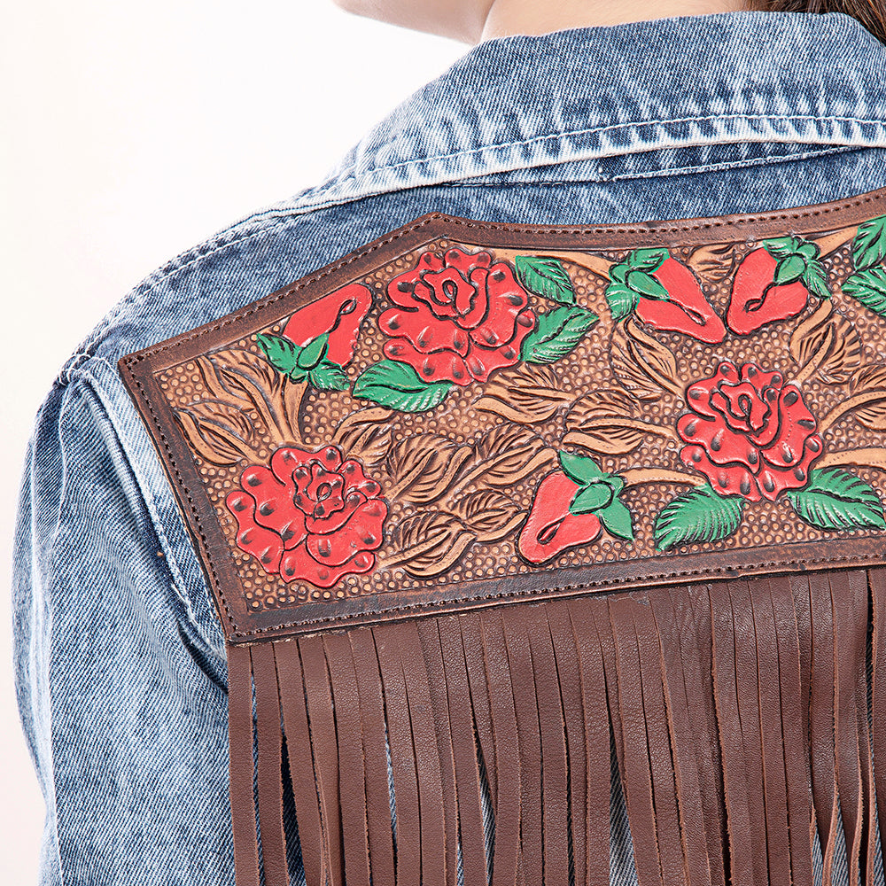 ADJKT010 Genuine leather Hand tooled hand carved Women 100% cotton Denim jacket dress ladies girl
