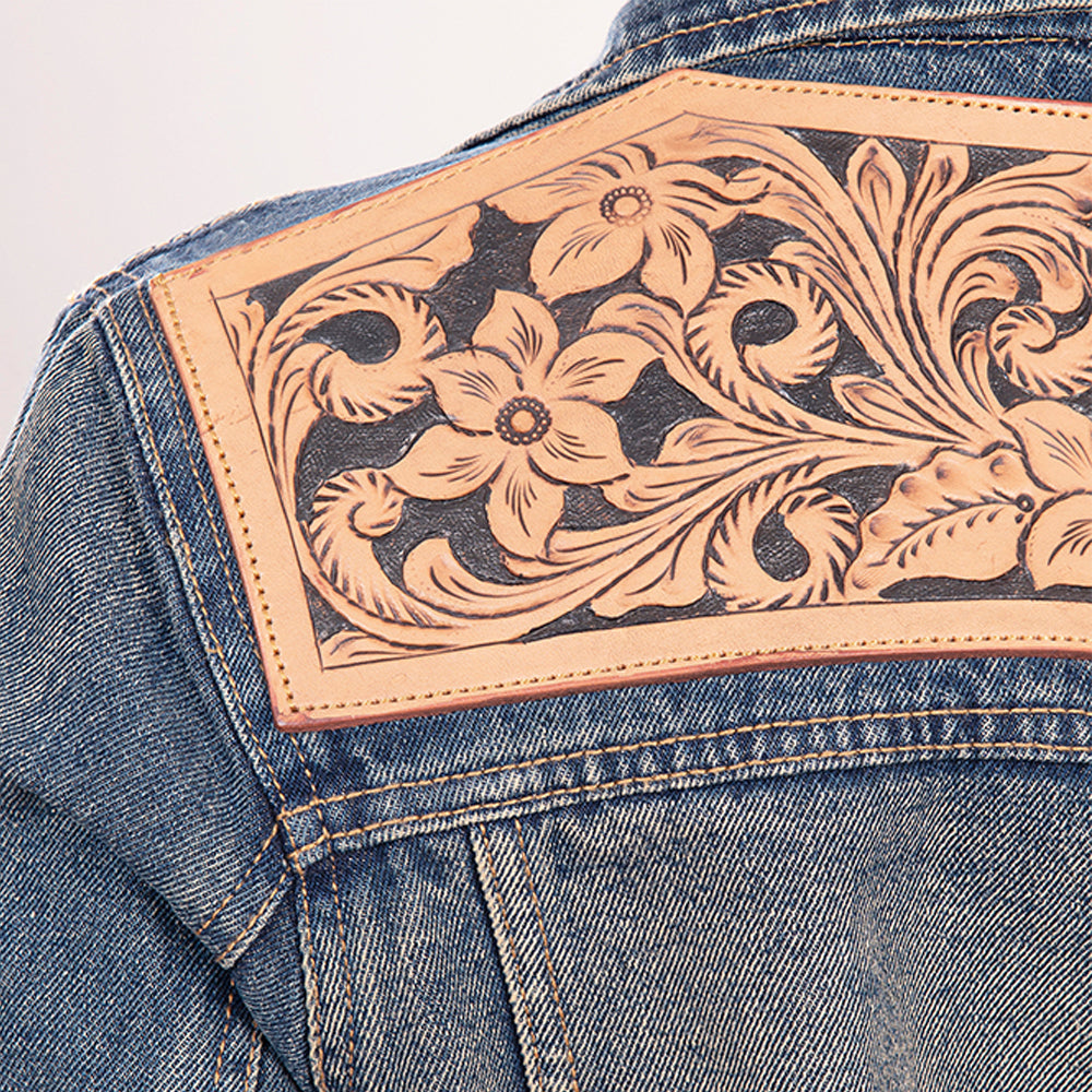 ADJKT011 Genuine leather Hand tooled hand carved Women 100% cotton Denim jacket dress ladies girl
