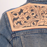 ADJKT011 Genuine leather Hand tooled hand carved Women 100% cotton Denim jacket dress ladies girl