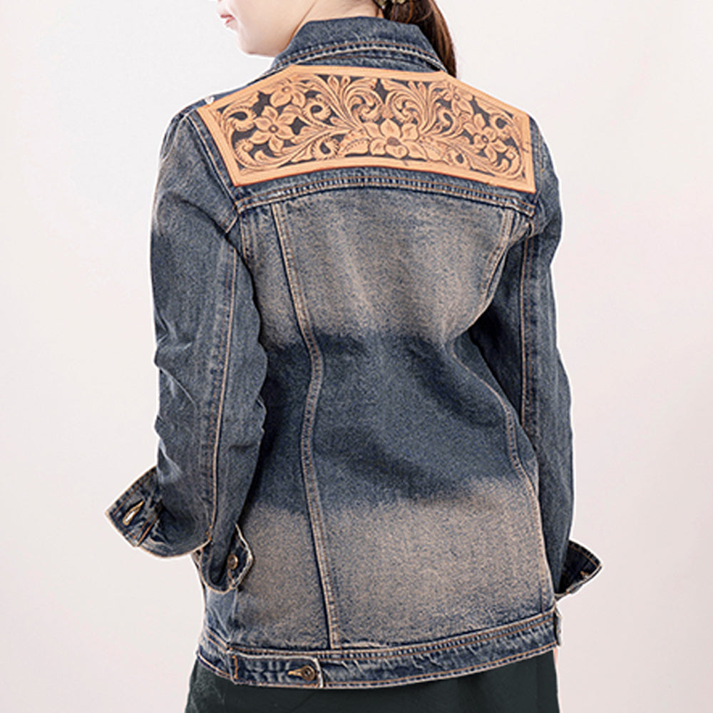 ADJKT011 Genuine leather Hand tooled hand carved Women 100% cotton Denim jacket dress ladies girl