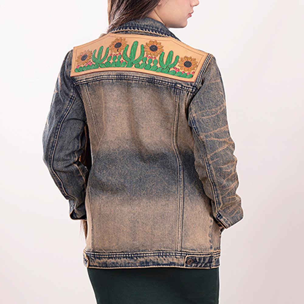 ADJKT012 Genuine leather Hand tooled hand carved Women 100% cotton Denim jacket dress ladies girl