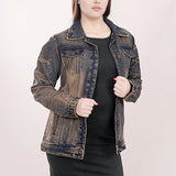 ADJKT012 Genuine leather Hand tooled hand carved Women 100% cotton Denim jacket dress ladies girl