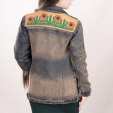 ADJKT012 Genuine leather Hand tooled hand carved Women 100% cotton Denim jacket  dress ladies girl