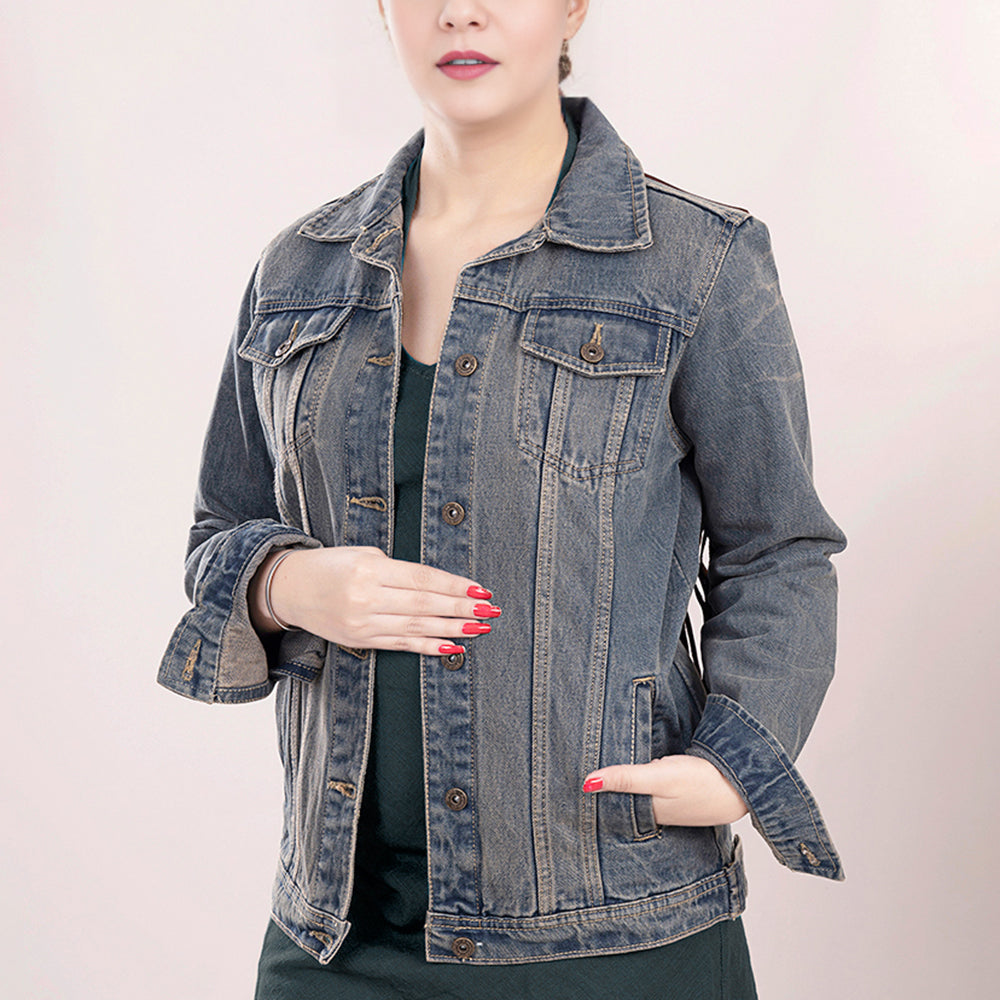 ADJKT013 Genuine leather Hand tooled hand carved Women 100% cotton Denim jacket dress ladies girl