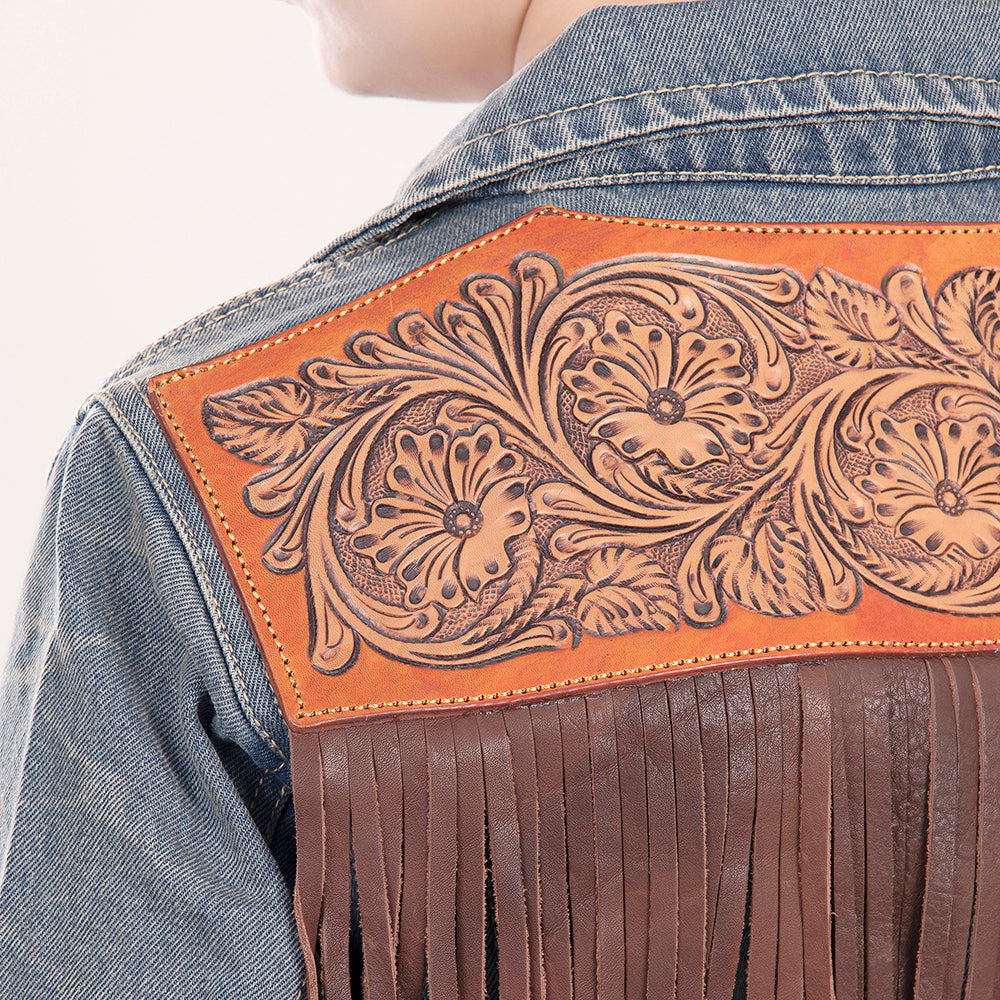 ADJKT013 Genuine leather Hand tooled hand carved Women 100% cotton Denim jacket dress ladies girl