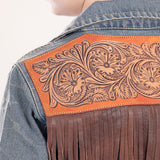 ADJKT013 Genuine leather Hand tooled hand carved Women 100% cotton Denim jacket dress ladies girl