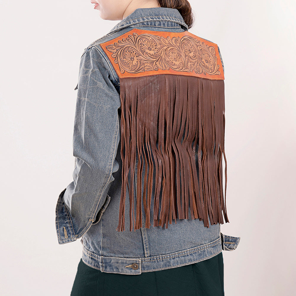 ADJKT013 Genuine leather Hand tooled hand carved Women 100% cotton Denim jacket dress ladies girl