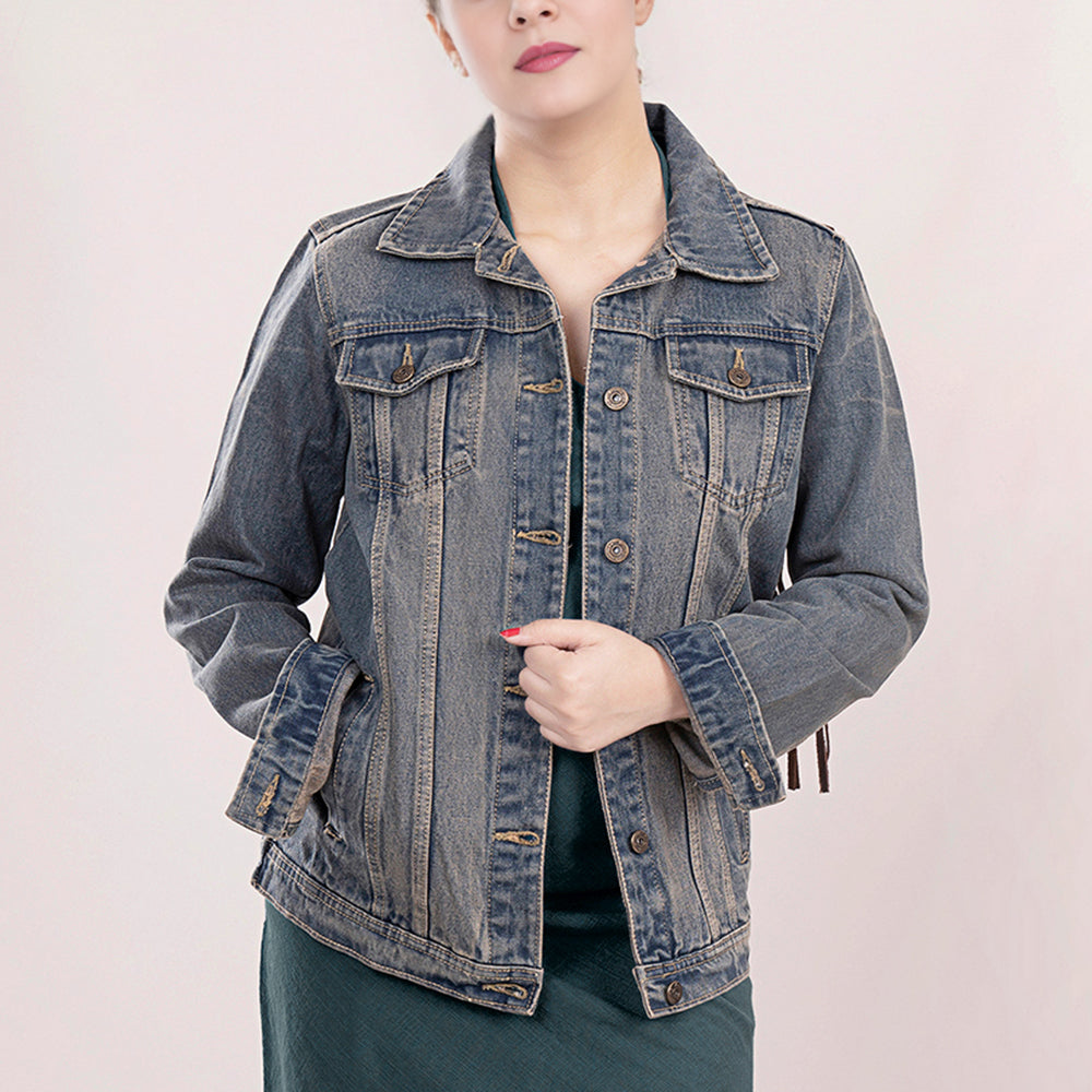 ADJKT013 Genuine leather Hand tooled hand carved Women 100% cotton Denim jacket dress ladies girl