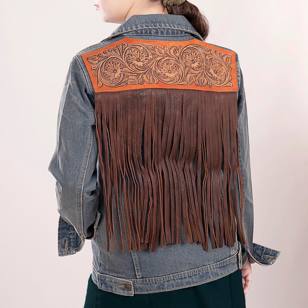 ADJKT013 Genuine leather Hand tooled hand carved Women 100% cotton Denim jacket dress ladies girl
