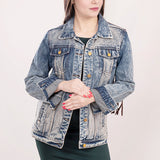 ADJKT014 Genuine leather Hand tooled hand carved Women 100% cotton Denim jacket dress ladies girl