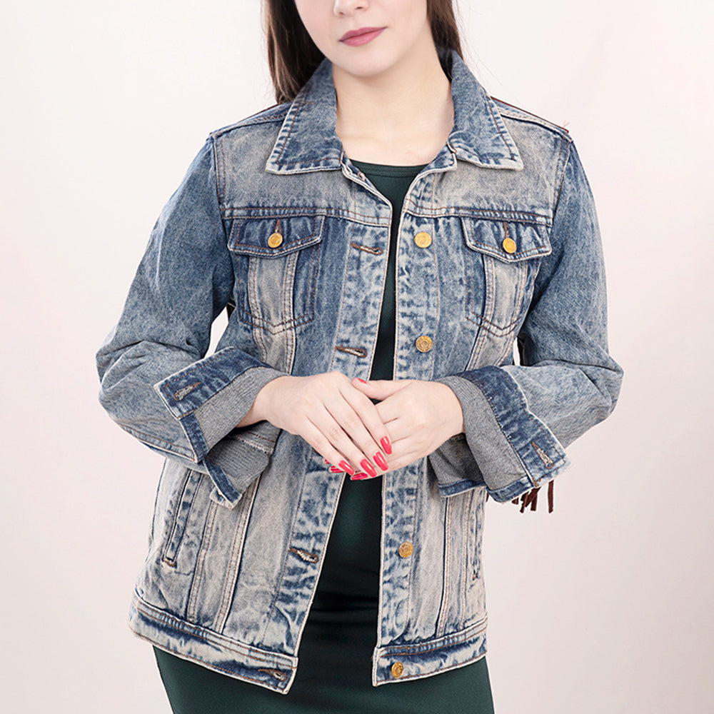 ADJKT014 Genuine leather Hand tooled hand carved Women 100% cotton Denim jacket dress ladies girl