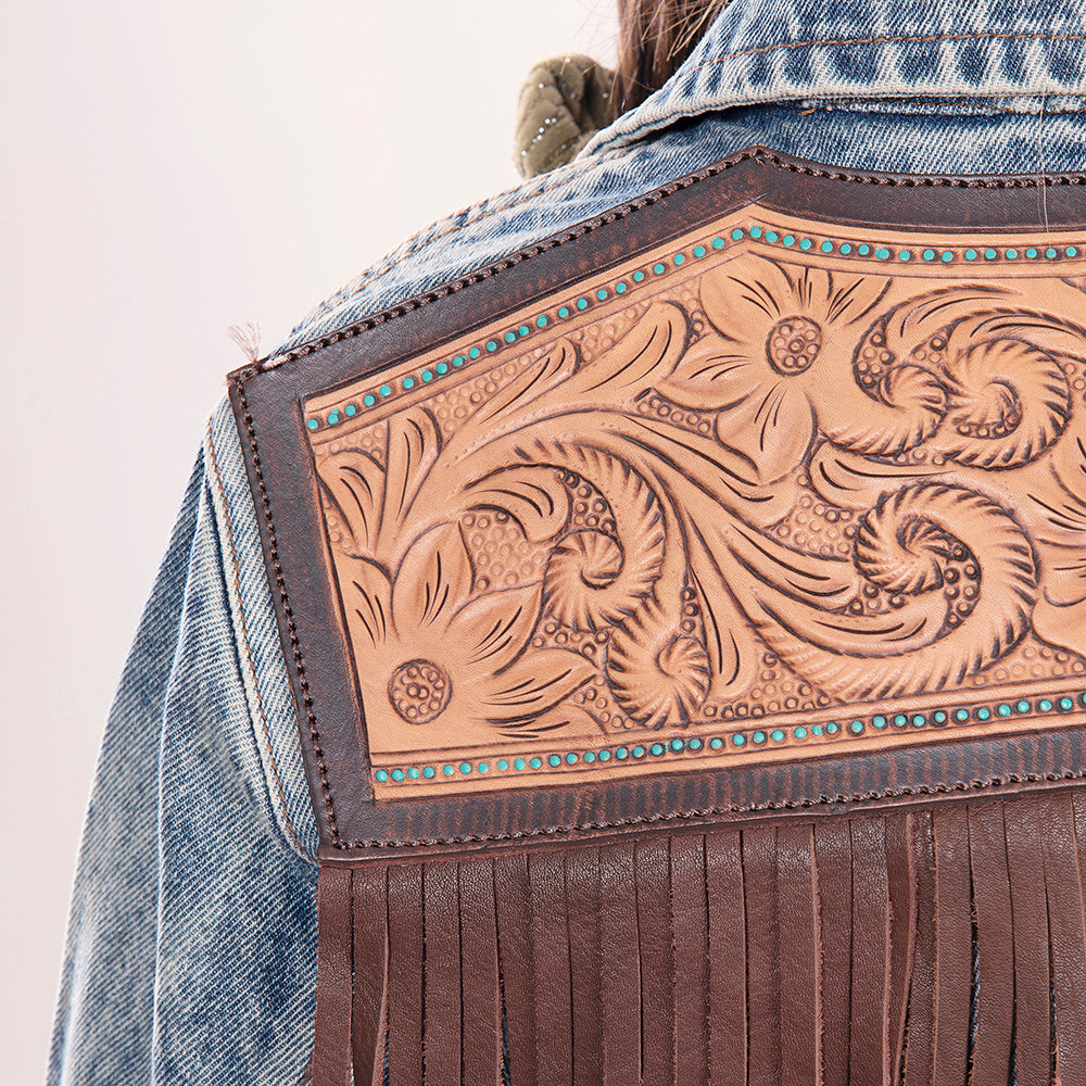 ADJKT014 Genuine leather Hand tooled hand carved Women 100% cotton Denim jacket dress ladies girl