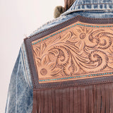 ADJKT014 Genuine leather Hand tooled hand carved Women 100% cotton Denim jacket dress ladies girl