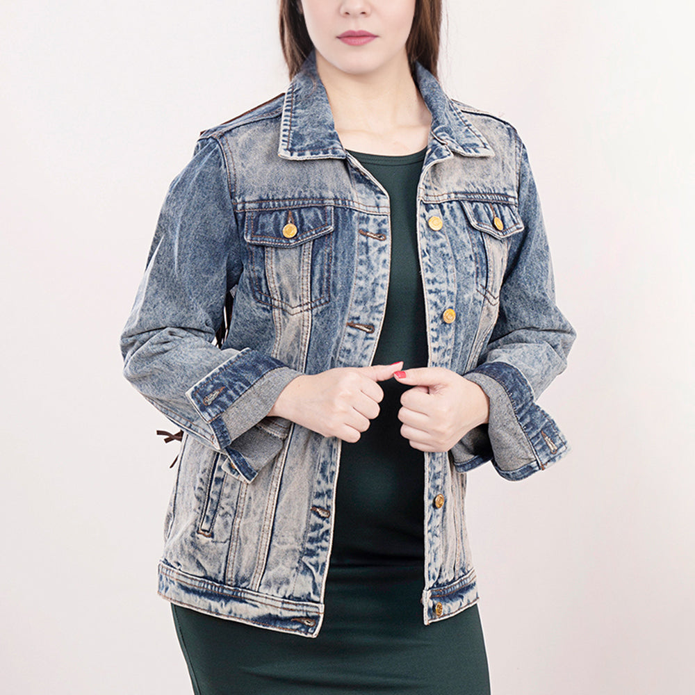 ADJKT014 Genuine leather Hand tooled hand carved Women 100% cotton Denim jacket dress ladies girl