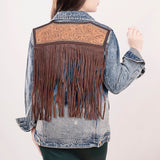 ADJKT014 Genuine leather Hand tooled hand carved Women 100% cotton Denim jacket dress ladies girl
