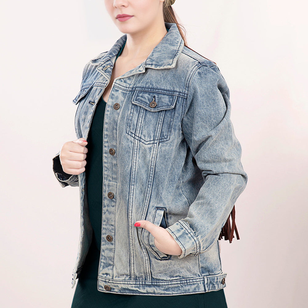ADJKT015 Genuine leather Hand tooled hand carved Women 100% cotton Denim jacket dress ladies girl