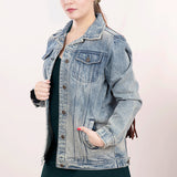 ADJKT015 Genuine leather Hand tooled hand carved Women 100% cotton Denim jacket dress ladies girl