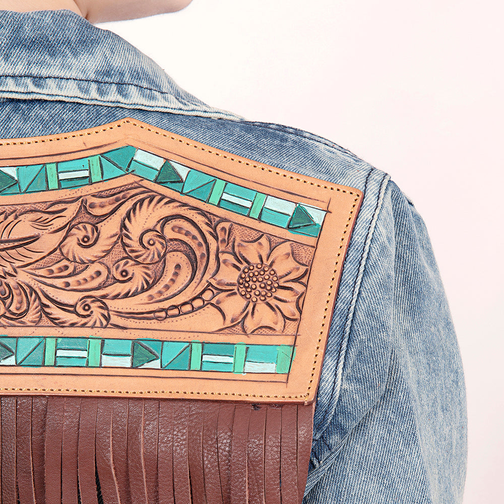 ADJKT015 Genuine leather Hand tooled hand carved Women 100% cotton Denim jacket dress ladies girl