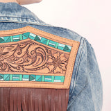 ADJKT015 Genuine leather Hand tooled hand carved Women 100% cotton Denim jacket dress ladies girl
