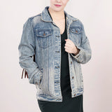 ADJKT015 Genuine leather Hand tooled hand carved Women 100% cotton Denim jacket dress ladies girl