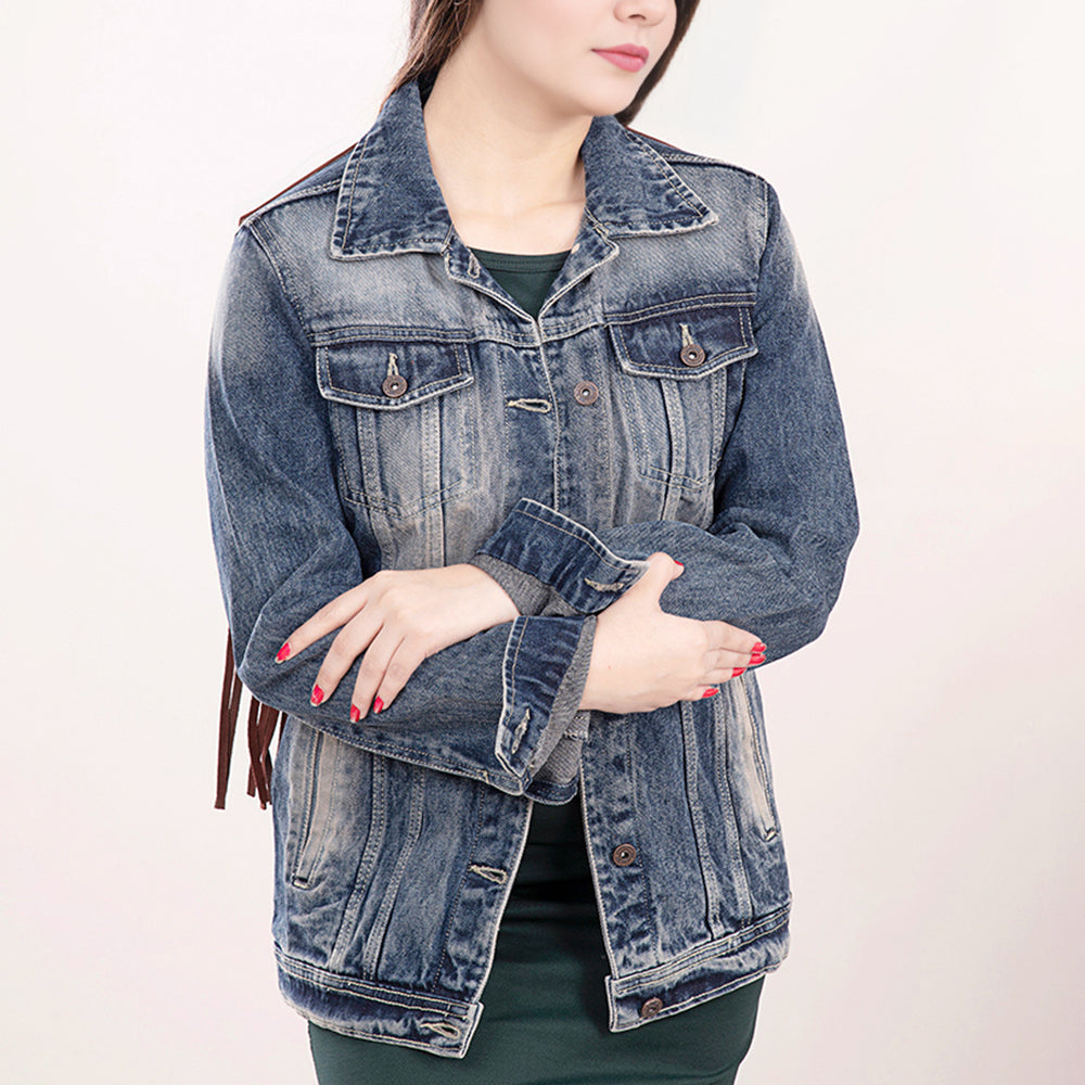 ADJKT016 Genuine leather Hand tooled hand carved Women 100% cotton Denim jacket dress ladies girl